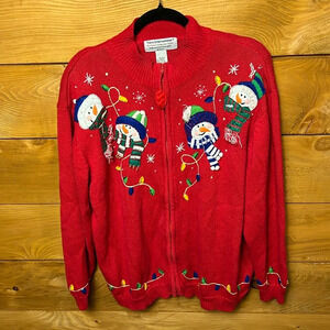 Tiara International Womens Vintage Christmas Sweater cardigan snowman ugly 18/20